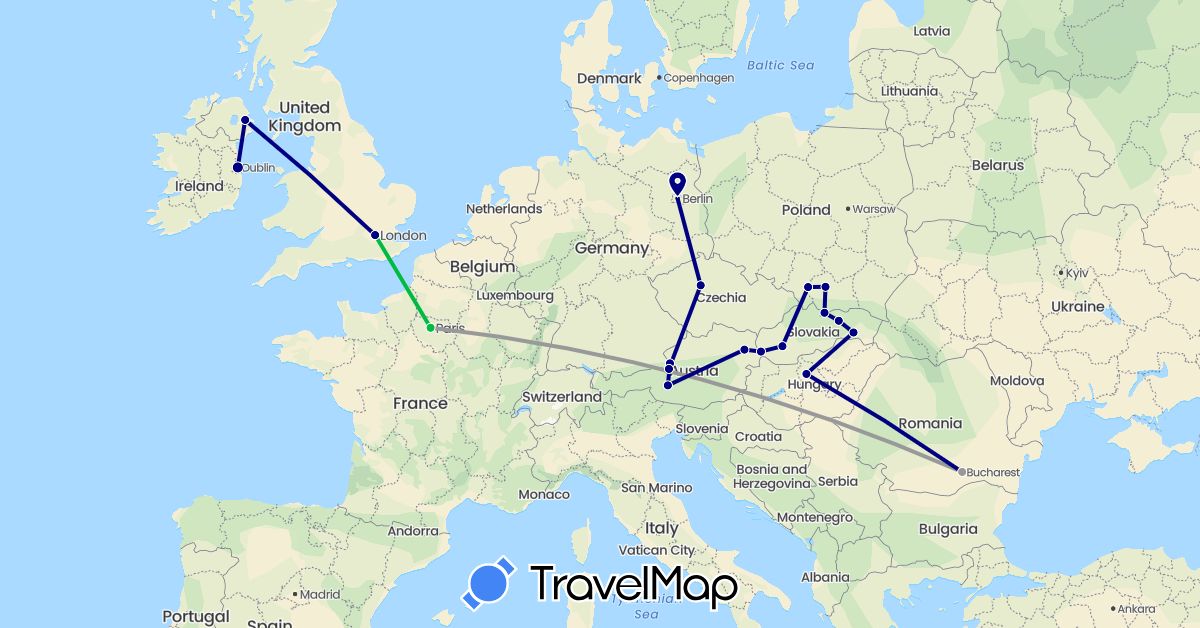 TravelMap itinerary: driving, bus, plane in Austria, Czech Republic, Germany, France, United Kingdom, Hungary, Ireland, Poland, Romania, Slovakia (Europe)